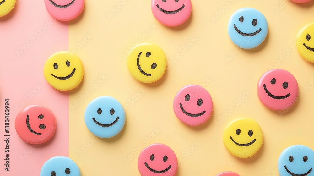 Colorful smiley face buttons on pastel background. Colorful smiley face buttons on pastel background.