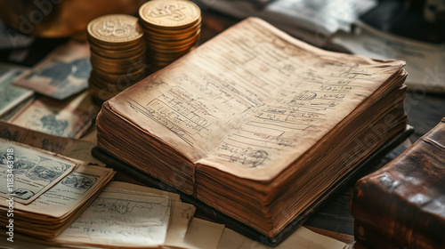 Vintage ledger book with coins and currency notes on a wooden table