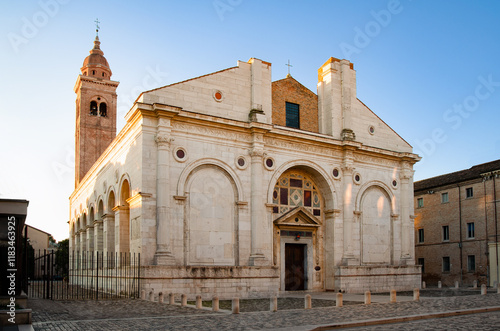 Early morning view of marble St. Francis cathedral church of Rimini, Italy - Tempio Malatestiano.