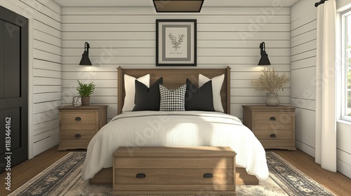 Black-accented farmhouse bedroom with shiplap walls, natural wood finishes, and plush bedding in a neutral palette. Timeless and elegant.