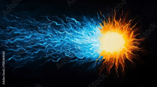 A striking fusion of fire and ice illustrated in a dramatic abstract art piece showcasing contrasting elements of nature