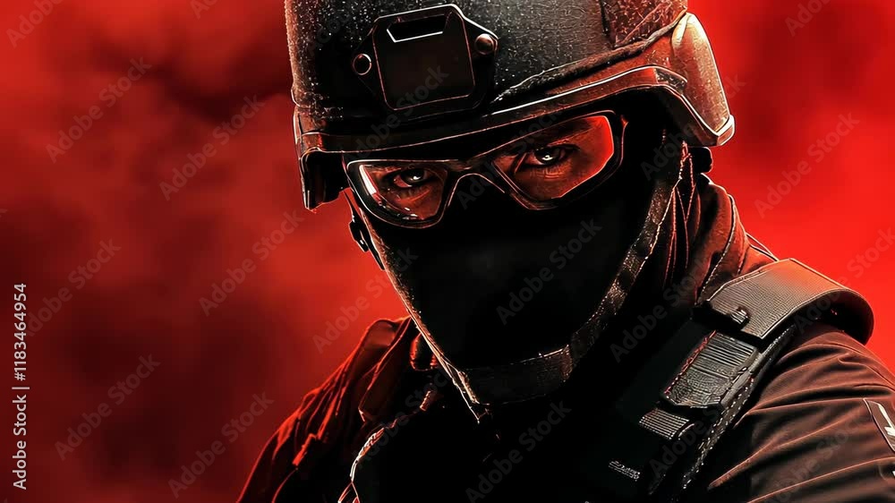 Soldier in tactical gear prepares for action against a dramatic red background in a training exercise setting