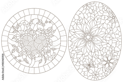 A set of contour illustrations in the style of stained glass with flower arrangements, dark contours on a white background