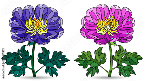 A set of illustrations in the style of stained glass with  flowers, figures isolated on a white background