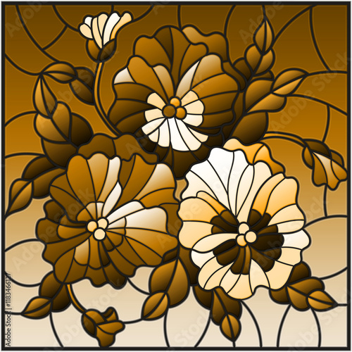 Illustration in stained glass style with flowers, buds , leaves and flowers of pansy, tone brown