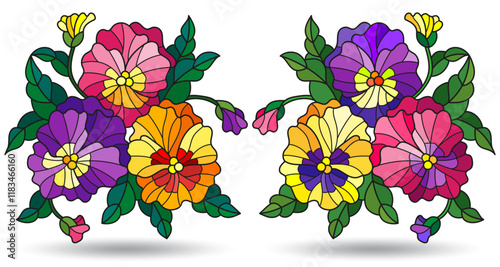 A set of stained glass illustrations with flower arrangements pansies, flowers isolated on a white background