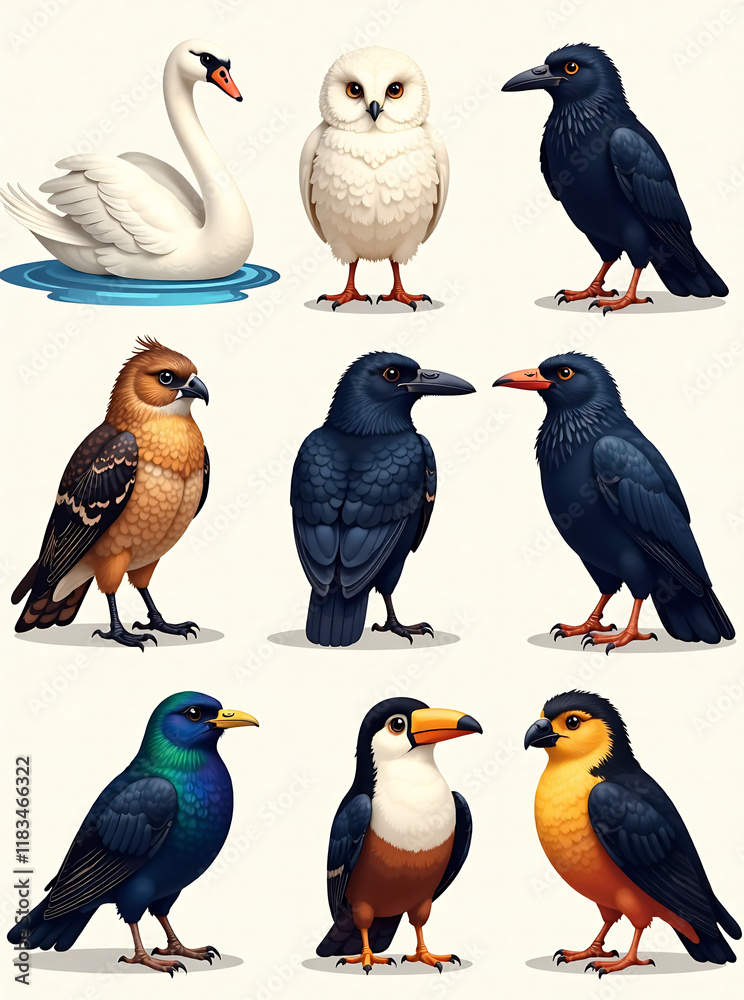 Naklejka premium Collection of various bird species icons, vector cartoon illustration. Features swan, owl, raven, peacock, falcon, toucan, puffin. new image 