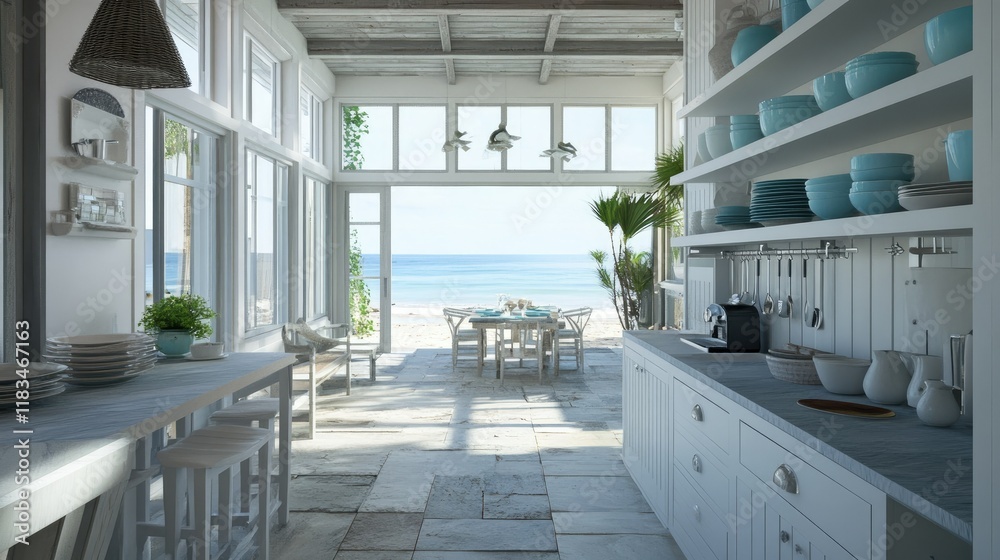 Fototapeta premium Coastal Kitchen: Beachfront Luxury with White Interior Design