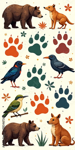 Colorful animal tracks and wildlife illustrations showcasing bears, birds, and nature elements in a playful design. new image  photo