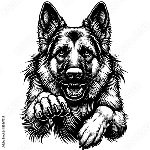 Hand drawn fierce German Shepherd portrait, vector sketch isolated on white background, SVG vector	