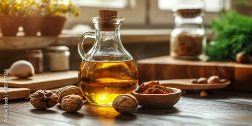 Oil in a bottle alongside walnuts on a kitchen table creates a vibrant scene. This oil and walnuts display highlights spices and ingredients commonly used in culinary dishes. photo