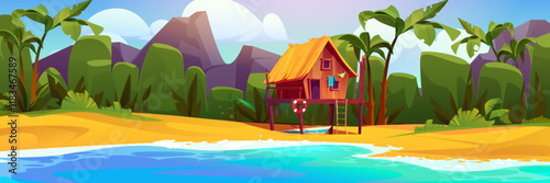 Tropical beach hut panorama - raised wooden bungalow with straw roof near blue ocean water, sandy shore, palm trees, green vegetation and rocky mountains. Paradise island landscape for summer holiday.