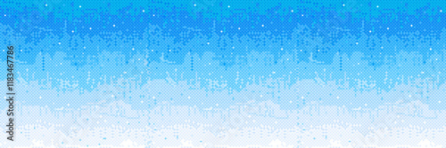 Pixel bitmap pattern, white blue gradient shade. Vertical pixelated streaks cascade downward. Digital rain effect with scattered luminous dots. Cyberpunk game background. Retro 8 bit videogame effect