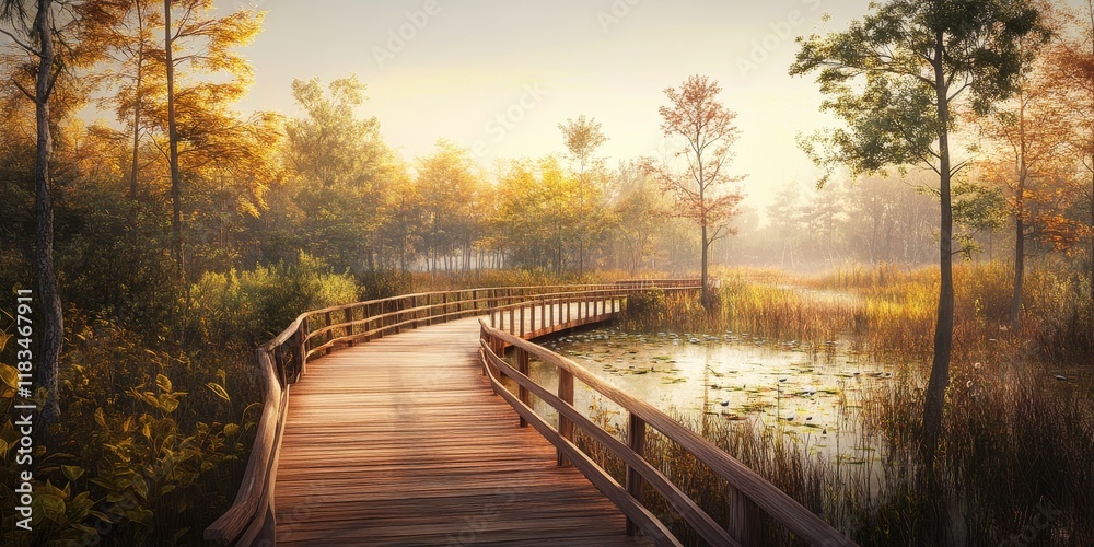 Fototapeta premium Wetland area featuring a serene boardwalk, perfect for exploring nature. Experience the tranquility of the wetland while strolling along the inviting boardwalk in this picturesque park.