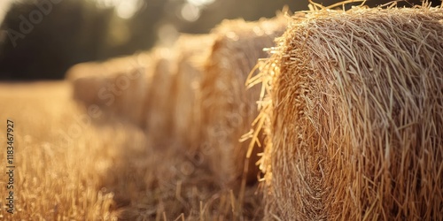 Straw haystacks remain after the wheat harvest, creating a rustic scene. This image captures straw haystacks in a shallow depth of field, emphasizing the beauty of rural harvests. photo