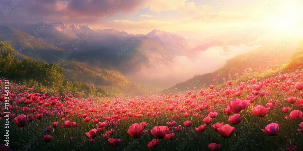 Fototapeta premium The stunning red pink misty purple flowers are blooming beautifully, creating an amazing scenery surrounded by lush green nature and an open sky illuminated by the shining sun.