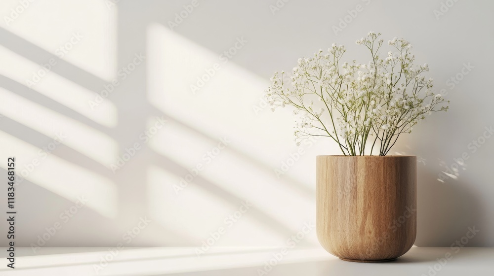 White Baby's Breath Flowers in Wooden Vase Minimalist Home Decor. White Baby's Breath Flowers in Wooden Vase Minimalist Home Decor.