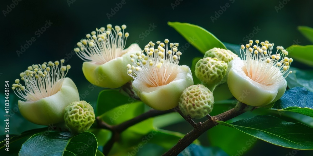 Vibrant young guava fruit flowers display their beauty as they bloom, showcasing the delicate features of young guava fruit in a stunning floral arrangement full of life. Vibrant young guava fruit flowers display their beauty as they bloom, showcasing the delicate features of young guava fruit in a stunning floral arrangement full of life.