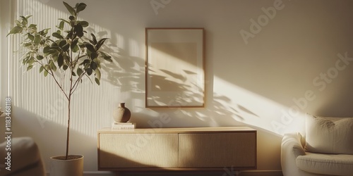 Scandi styled living room featuring a low buffet and an indoor plant, creating a cozy and minimalist ambiance perfect for relaxation and gatherings in this Scandi inspired decor space. photo