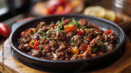 Turkish meat saute features a savory blend of sauteed meat, showcasing the traditional dish known as sac tava and sac kavurma, highlighting the rich flavors of meat saute. photo