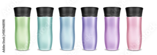 Tumbler cups with curved shape and black lids in pastel colors. Elegant drinkware collection with smooth metallic finish and ergonomic silhouette. 3D realistic travel mugs with thermal vacuum flasks.