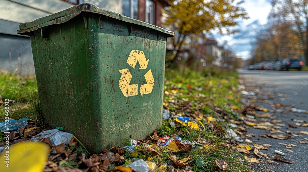 Green recycling bin overflowing with litter on autumn street. Green recycling bin overflowing with litter on autumn street.