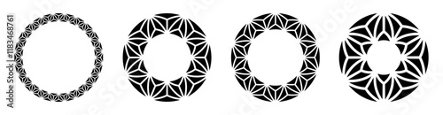 Set of four abstract circular ornaments. Diamond vector icons. Decorative round patterns isolated on white background. Stencil tattoo and prints. Vector monochrome illustration.
