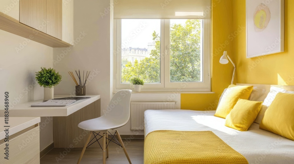 Fototapeta premium Bright bedroom featuring a yellow pillow on a bed, a white desk with a matching white chair, and soft yellow accents. Minimalist and cozy design.