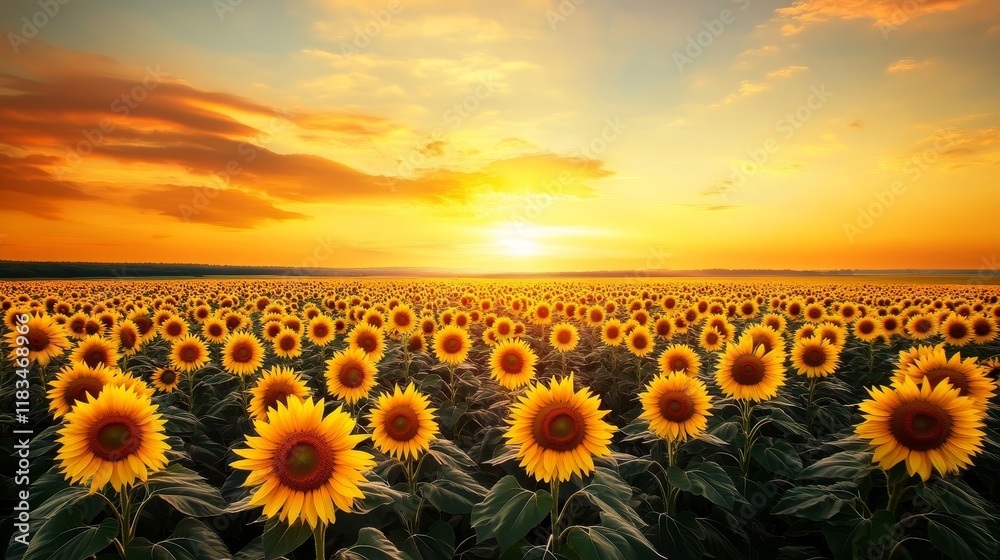 Obraz premium Sunset over a vibrant field of sunflowers creates a stunning scene, highlighting the beauty of sunflowers as they sway gently in the warm evening breeze among the colorful sky.
