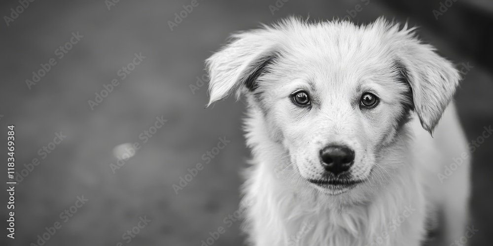 Charming black and white capture of an adorable white stray dog gazing softly at the camera, showcasing the appealing features of a cute white stray dog in captivating detail. Charming black and white capture of an adorable white stray dog gazing softly at the camera, showcasing the appealing features of a cute white stray dog in captivating detail.