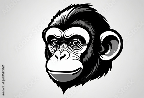 Fierce Monkey Head Illustration: Angry Ape, Primate Artwork, Black and White Animal Design, Tribal Tattoo Style, Logo for T-Shirts, Sports Teams, Gaming Avatars and Branding, Ai generated image. photo