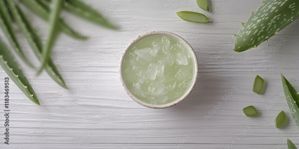 Obraz premium Organic aloe vera gel displayed on a white wooden background, showcasing the natural texture and composition of organic aloe vera gel in an appealing setting. Perfect for healthy skincare.