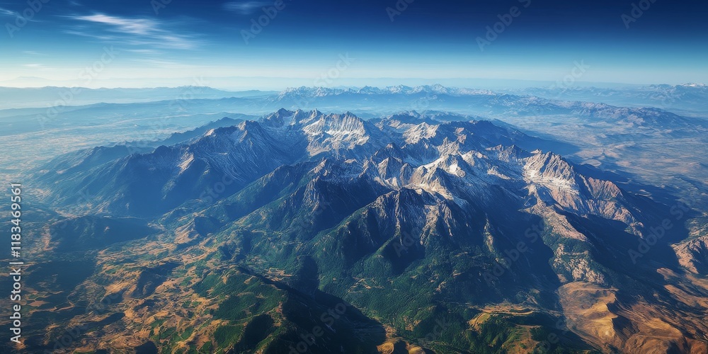 Aerial view showcasing the stunning mountain landscape and expansive land, highlighting the beauty of nature from above with this captivating aerial view of mountains and land.