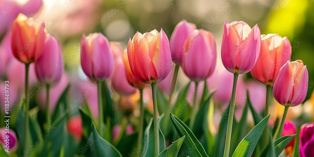 Tulip flowers in a vibrant garden create a stunning backdrop, perfect for a natural flora wallpaper or as a template for a brochure landing page design featuring tulip beauty. Tulip flowers in a vibrant garden create a stunning backdrop, perfect for a natural flora wallpaper or as a template for a brochure landing page design featuring tulip beauty.