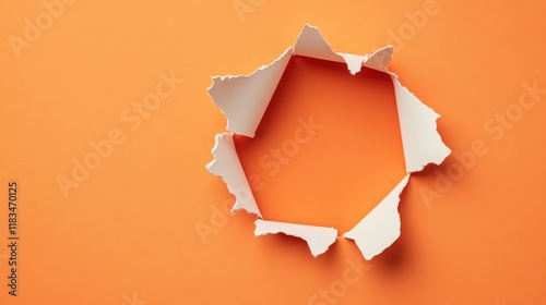 White Paper Ripped Creating a Circular Hole on Orange Background.