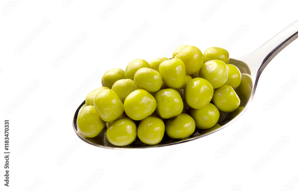 Canned green peas in spoon isolated on white background Canned green peas in spoon isolated on white background