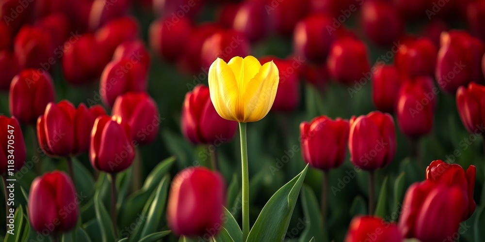 Fototapeta premium Vibrant yellow tulip elegantly stands amidst a cluster of striking red tulips in an outdoor setting, highlighting the beauty of the yellow tulip in nature s colorful display.
