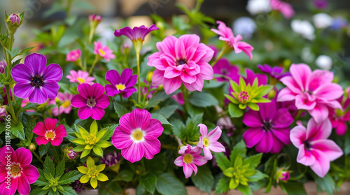 Design a lush floral background bursting with vibrant pinks, purples, and greens, featuring a variety of blooming flowers in high definition, creating a lively and inviting atmosphere."