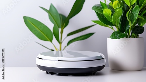 White disc-shaped device on table with plants. photo