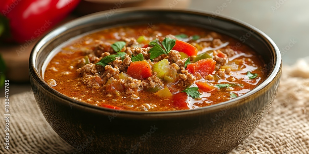 Stuffed pepper soup served in a bowl on a textured background. This flavorful stuffed pepper soup captures the essence of warmth and comfort in every spoonful of deliciousness. Stuffed pepper soup served in a bowl on a textured background. This flavorful stuffed pepper soup captures the essence of warmth and comfort in every spoonful of deliciousness.