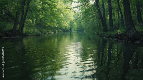 Serene River Flowing Through Pristine Forest with Calming Reflections on Water