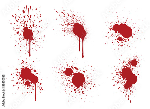 Blood splash collection - red stains with dripping streams and scattered droplets on white surface. Various spatter design patterns with explosive bursts, flowing streaks and speckled spray marks.