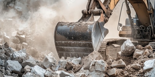 Close up of an excavator bucket in action, loading rocks, stones, earth, and concrete bricks at a demolition site, showcasing the excavator bucket s efficiency and power during construction work. photo