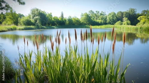 A collection of bulrush reeds grows gracefully by the pond, showcasing the beauty of bulrush reeds in a serene natural setting, perfect for capturing the essence of aquatic plant life.