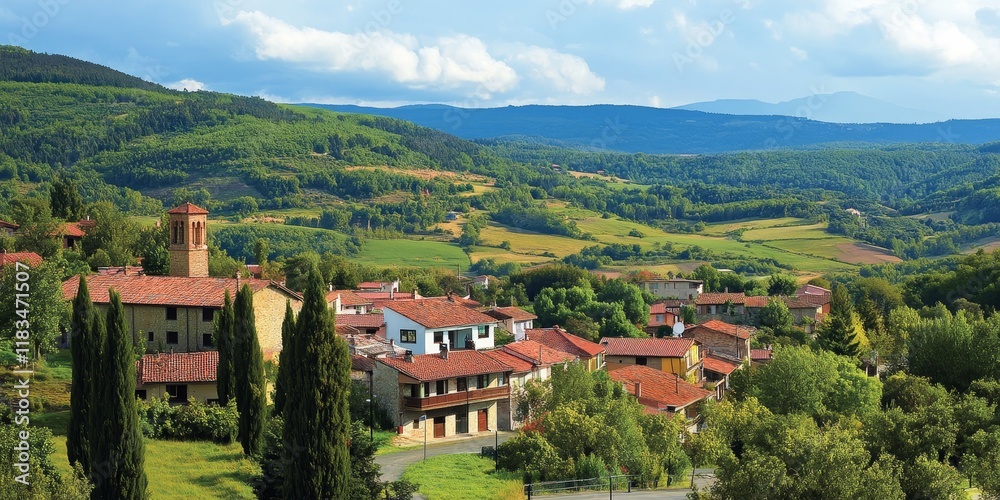 Fototapeta premium Charming small town in a picturesque setting, known for its tranquil atmosphere and beautiful landscapes. This town offers a unique blend of nature and culture for visitors to explore.