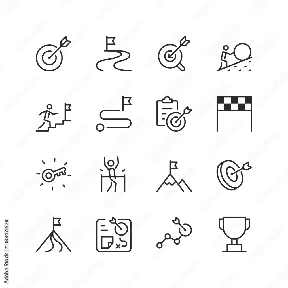 Goals and Achievements, linear style icon set. Representations of success, milestones, and strategies. Target, flag, trophy, and progress path. Motivation and productivity. Editable stroke width