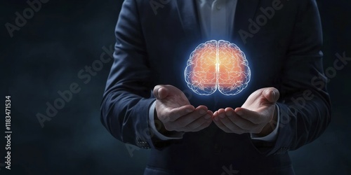 Businessman in Suit Holding Illuminated Brain, Conceptual Intelligence and Creativity Concept.