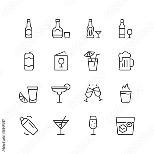 Alcoholic Beverages, linear style icon set. Drinks and bar essentials. Bottles, glasses, cocktails, and celebratory toasts. For bars, menus, and festive themes. Editable stroke width