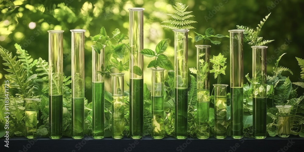 Naklejka premium Green plants thriving in test tubes under laboratory conditions, showcasing scientific experimentation and botanical research.