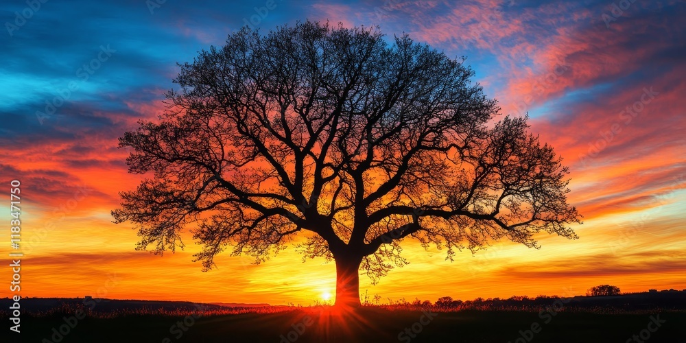 Fototapeta premium Tree silhouette prominently displayed against a vibrant sunset sky, showcasing the beauty of nature as the sun sets, creating an enchanting scene with striking colors and shapes of the tree